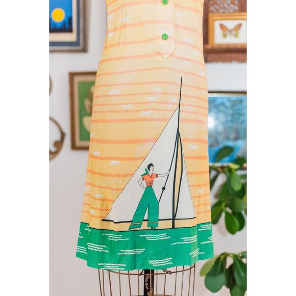 Vintage 60s Sailor Novelty Dress, Yellow Striped Sundress Sailboat Seagulls XS - Picture 4 of 15